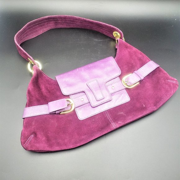 Banana Republic Handbags - Purple Suede Shoulder Bag Large brass Accents17" strap